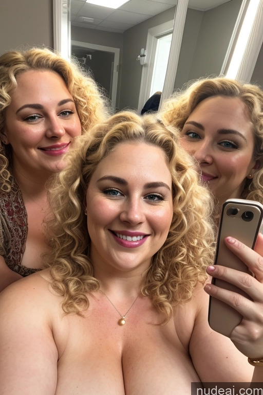 ai nude image of there are three women taking a selfie in a mirror pics of Milf Busty 30s Happy Curly Hair Fairer Skin Jewelry Pearl Jewelry Gold Jewelry Diamond Jewelry Thick Chubby Mirror Selfie