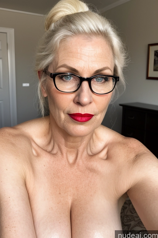 ai nude image of blond woman with glasses and red lipstick posing for a picture pics of 50s One Milf Busty Tall Pubic Hair Fairer Skin Lipstick Serious Blonde Ponytail White Bedroom Front View Nude