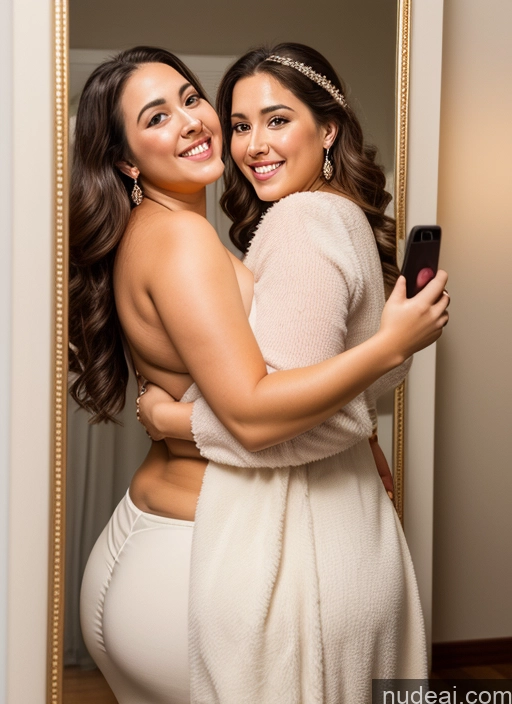 ai nude image of there are two women that are hugging each other in front of a mirror pics of One Busty 30s Beautiful Thick Chubby Mirror Selfie Happy Pearl Jewelry Gold Jewelry Jewelry Diamond Jewelry