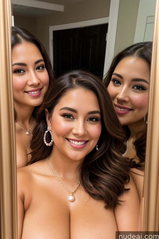 ai nude image of there are three women that are posing for a picture in a mirror pics of One Busty 30s Beautiful Thick Chubby Pearl Jewelry Gold Jewelry Jewelry Diamond Jewelry Mirror Selfie Happy