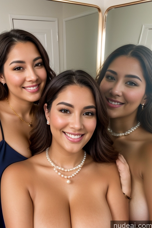 ai nude image of there are three women posing for a picture in front of a mirror pics of One Busty 30s Beautiful Thick Chubby Pearl Jewelry Gold Jewelry Jewelry Diamond Jewelry Mirror Selfie Happy