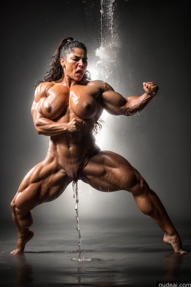 ai nude image of arafed female bodybuilde posing in a studio with water pouring down her face pics of Two Bodybuilder 50s Angry Black Hair Long Hair Latina Cumshot Transparent Bright Lighting Detailed Close-up View