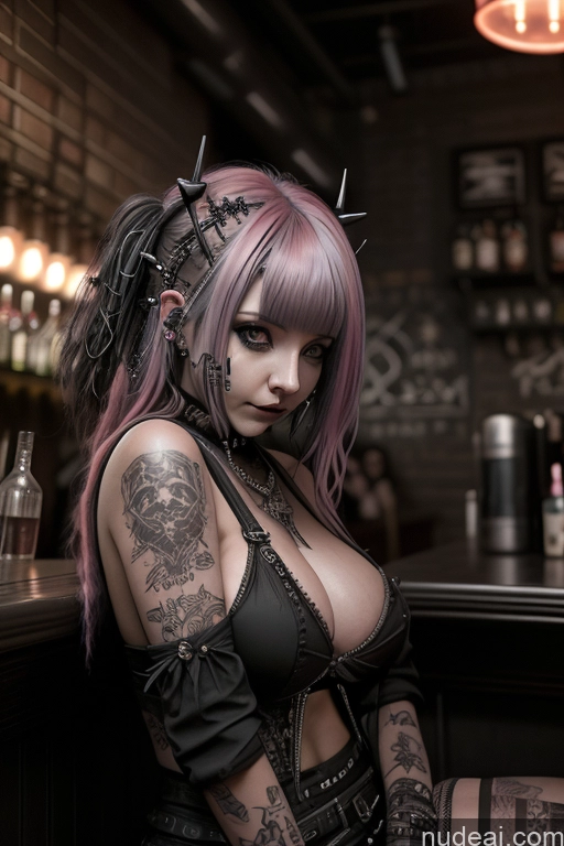 ai nude image of arafed woman with pink hair and piercings sitting at a bar pics of Gothic Punk Girl Busty Perfect Boobs Big Ass Pink Hair Czech Close-up View Nude Bar