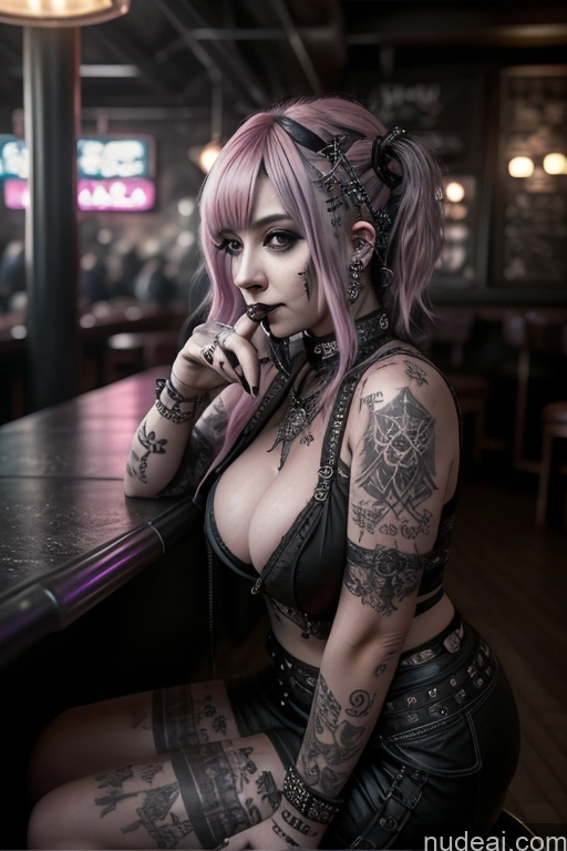 ai nude image of arafed woman with pink hair sitting at a bar with tattoos on her arms pics of Gothic Punk Girl Busty Perfect Boobs Big Ass Pink Hair Czech Close-up View Nude Bar 50s