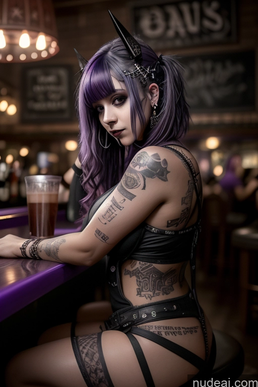 ai nude image of arafed woman with purple hair sitting at a bar with a glass of beer pics of Busty Perfect Boobs Big Ass Close-up View Nude Bar 50s Egyptian Purple Hair Gothic Punk Girl