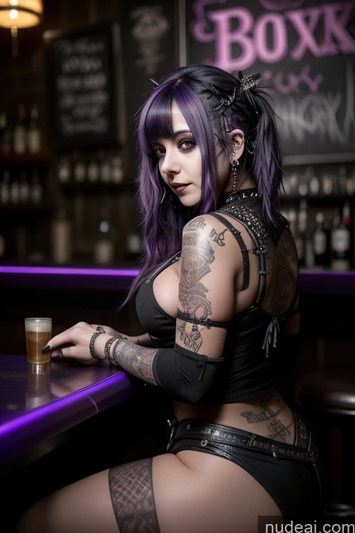 ai nude image of arafed woman with purple hair sitting at a bar with a pint pics of Busty Perfect Boobs Big Ass Close-up View Nude Bar 50s Egyptian Purple Hair Gothic Punk Girl