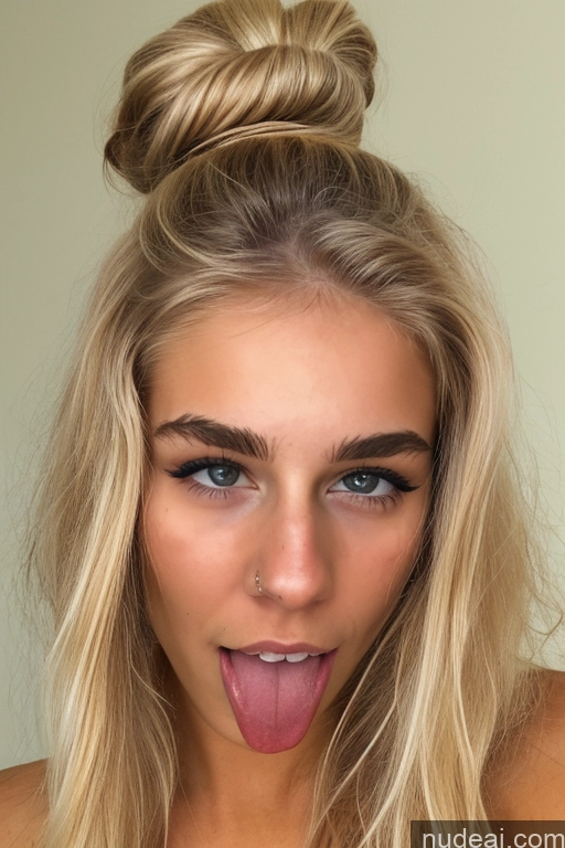 ai nude image of blond woman with a messy bun on her head sticking out her tongue pics of Woman One 18 Hair Bun German Nude Perfect Body Pubic Hair Front View Ahegao Blonde Cumshot