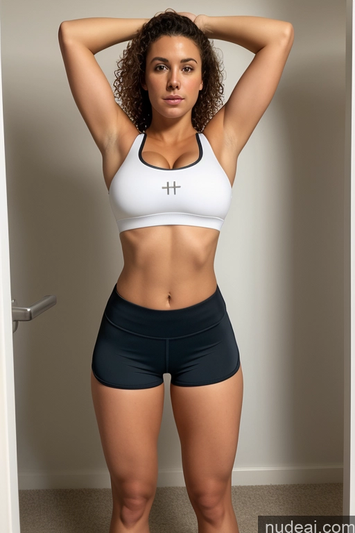 ai nude image of there is a woman in a white sports bra top and black shorts pics of One Busty Perfect Boobs Beautiful Big Ass Big Hips Perfect Body 30s Seductive Brunette Curly Hair Film Photo Changing Room Front View T-pose Short Shorts Sports Bra Athlete