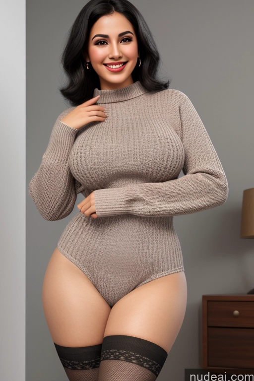 ai nude image of araffe woman in a tan sweater and black stockings posing for a picture pics of Model Pubic Hair Big Hips Big Ass Beautiful Skinny Happy Black Hair Straight Arabic 3d T-pose Nude 60s Thigh Socks Sweater Vampire Detailed