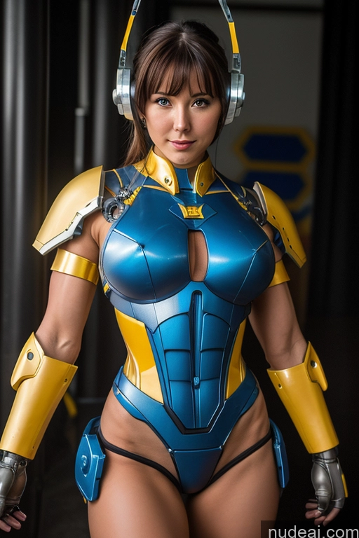 ai nude image of arafed woman in a blue and yellow costume with headphones pics of Ukraine Cosplay Front View Muscular Perfect Boobs Mecha Musume + Gundam + Mecha Slider