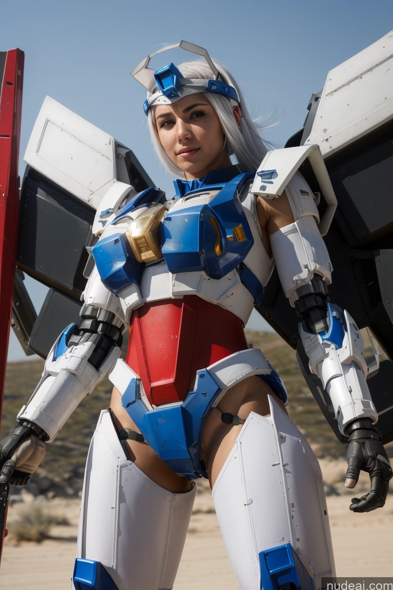 ai nude image of araffe dressed in a costume standing in front of a large machine pics of Israel Cosplay Muscular Front View SuperMecha: A-Mecha Musume A素体机娘 Abs White Hair