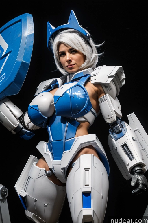 ai nude image of arafed woman in a blue and white costume holding a shield pics of Israel Cosplay Muscular Front View SuperMecha: A-Mecha Musume A素体机娘 Abs White Hair Bodybuilder Busty