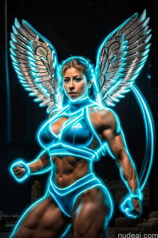 ai nude image of arafed female angel with glowing wings and a blue body pics of Has Wings Regal Muscular Powering Up Cosplay Busty Abs Bodybuilder Neon Lights Clothes: Blue Israel