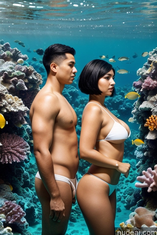 related ai porn images free for Woman + Man Two Busty Short 30s Serious Black Hair Short Hair Indonesian Underwater Side View Pearl Jewelry Bikini Topless