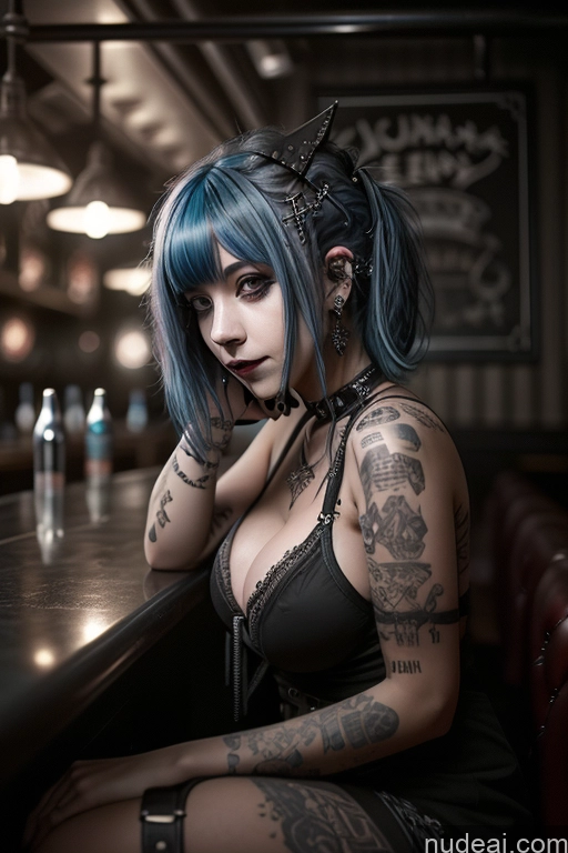 ai nude image of arafed woman with blue hair sitting at a bar with tattoos pics of Perfect Boobs Busty Gothic Punk Girl Blue Hair French Bar Close-up View Nude