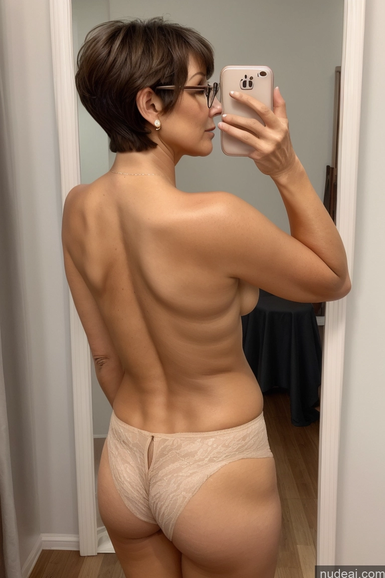 ai nude image of arafed woman taking a selfie in a thongie with a cell phone pics of Milf One Glasses Brunette Perfect Boobs Sexy Face Short Hair 30s Mirror Selfie Back View