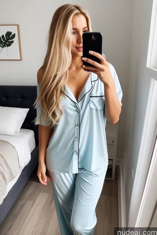 ai nude image of araffe woman taking a selfie in a blue pajamas pics of Woman One Beautiful 20s Sexy Face Blonde Long Hair Swedish Mirror Selfie Bedroom Front View Pajamas Detailed