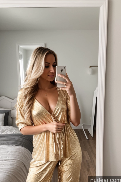 ai nude image of araffe woman in a gold jumpsuit taking a selfie pics of Woman One Beautiful 20s Sexy Face Blonde Long Hair Swedish Mirror Selfie Bedroom Front View Pajamas Detailed