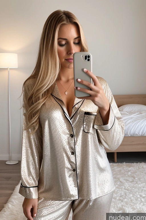 ai nude image of araffe woman taking a selfie in a gold pajamas pics of Woman One Beautiful 20s Sexy Face Blonde Long Hair Swedish Mirror Selfie Bedroom Front View Pajamas Detailed