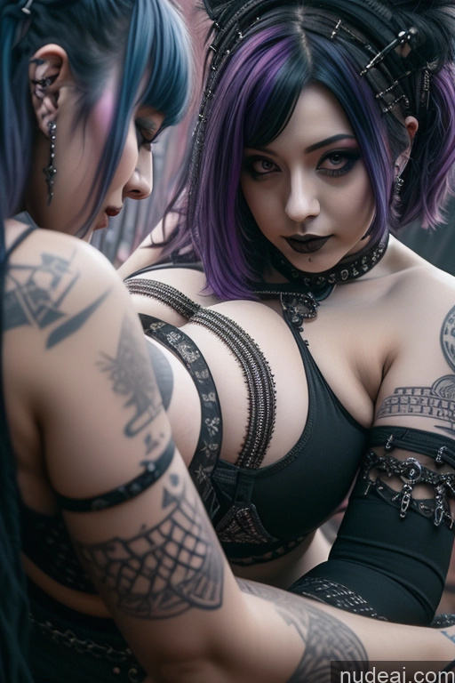 ai nude image of two women with tattoos on their arms and arms are looking at a cell phone pics of Perfect Boobs Busty Gothic Punk Girl Purple Hair Massage Close-up View Two Greek