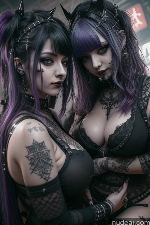 ai nude image of two women with purple hair and black cats ears are posing for a picture pics of Gothic Punk Girl Perfect Boobs Busty Close-up View Nude Purple Hair Two Massage