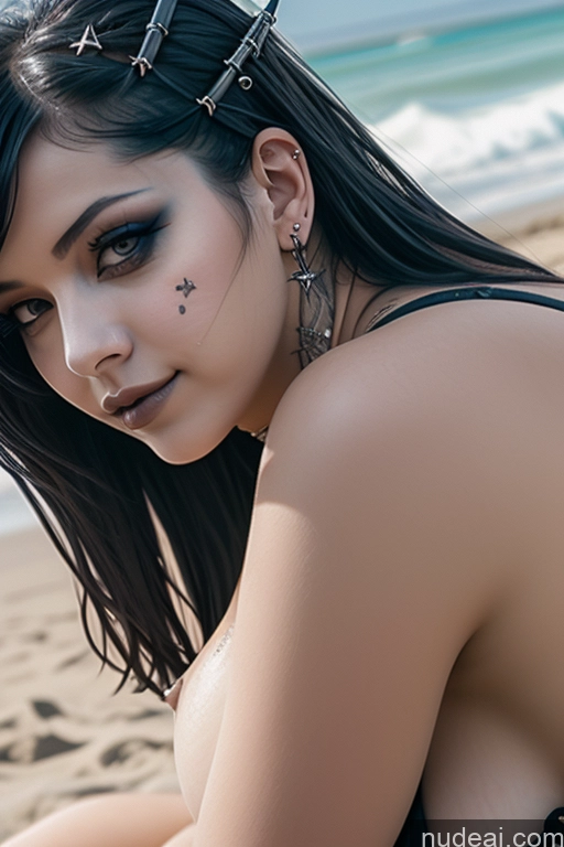 ai nude image of araffed woman with black hair and piercings on her chest sitting on the beach pics of Perfect Boobs Busty Gothic Punk Girl Close-up View Massage Nude Beach