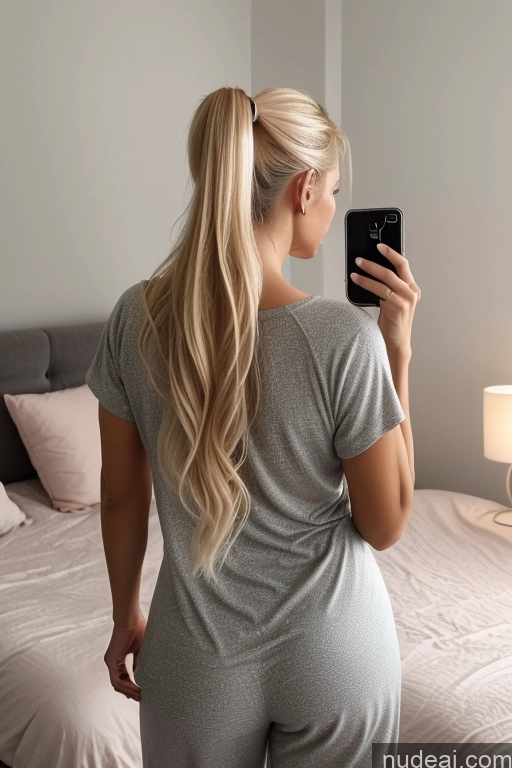 ai nude image of blonde woman in grey pajamas taking a selfie in front of a bed pics of Woman One Beautiful 20s Sexy Face Blonde Swedish Mirror Selfie Bedroom Back View Pajamas Detailed Ponytail