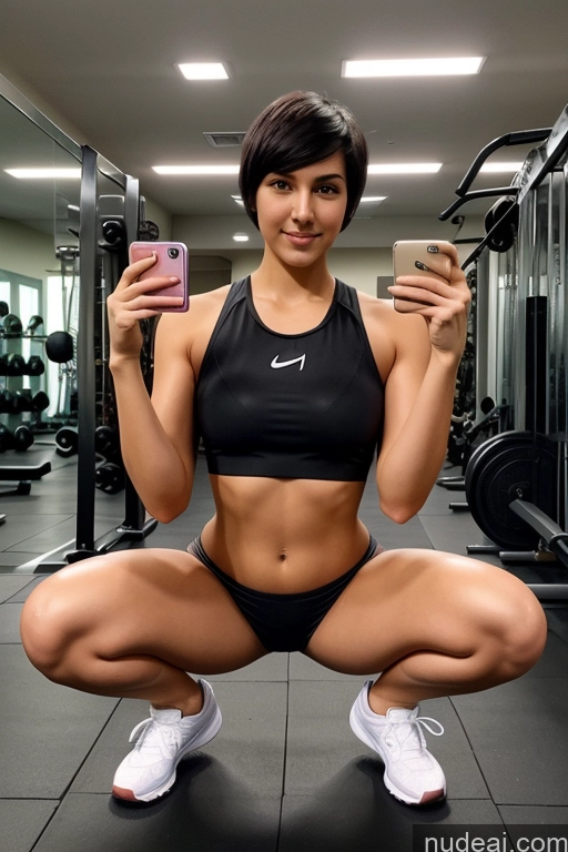 ai nude image of arafed woman in a black sports bra top squatting on a gym floor pics of Woman + Man One Long Legs 18 Sexy Face Black Hair Short Hair Turkish Mirror Selfie Gym Front View Squatting Nude Partially Nude Wine Bright Lighting Simple