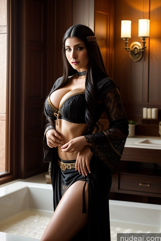 ai nude image of araffe woman in a black robe posing in a bathroom pics of Model One Busty Beautiful Tattoos Big Ass Abs 20s Black Hair Ottoman Asena Dark Fantasy Cum Bathtub Nude Front View Vampire Victorian Dark Lighting Simple Seductive Sexy Face Muscular Goth