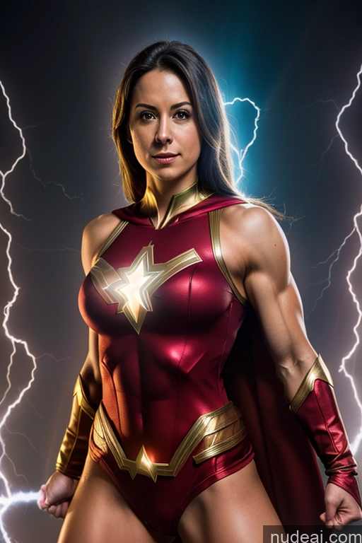 ai nude image of arafed woman in a red and gold costume posing for a picture pics of Mary Thunderbolt Cosplay Small Tits Powering Up Neon Lights Clothes: Red Superhero Abs Muscular Superheroine Perfect Boobs