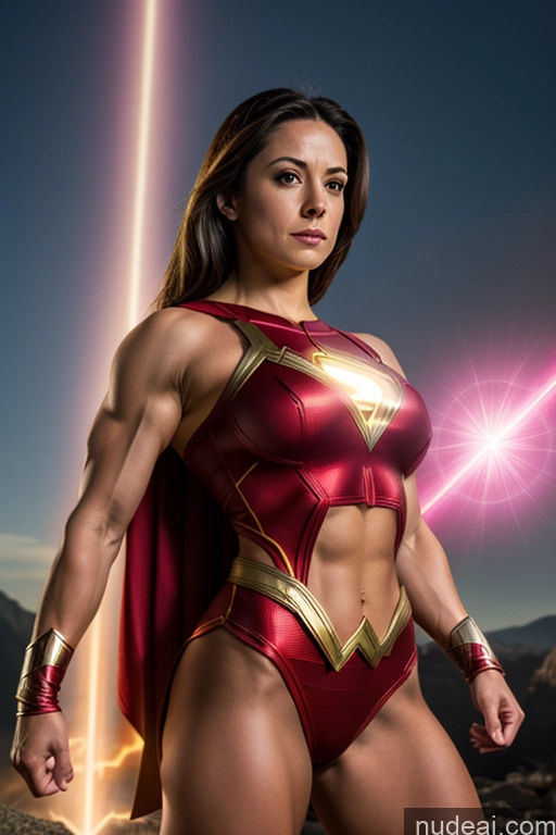 related ai porn images free for Mary Thunderbolt Cosplay Small Tits Powering Up Neon Lights Clothes: Red Superhero Abs Muscular Superheroine Busty