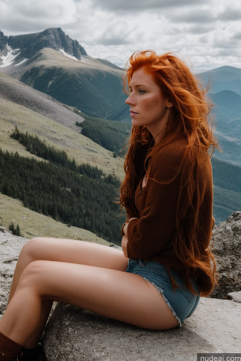 ai nude image of there is a woman sitting on a rock with her legs crossed pics of One 30s Serious Ginger Messy Irish Jewelry Dark Lighting Detailed Dark Fantasy Model Bending Over Mountains Side View Daisy Dukes