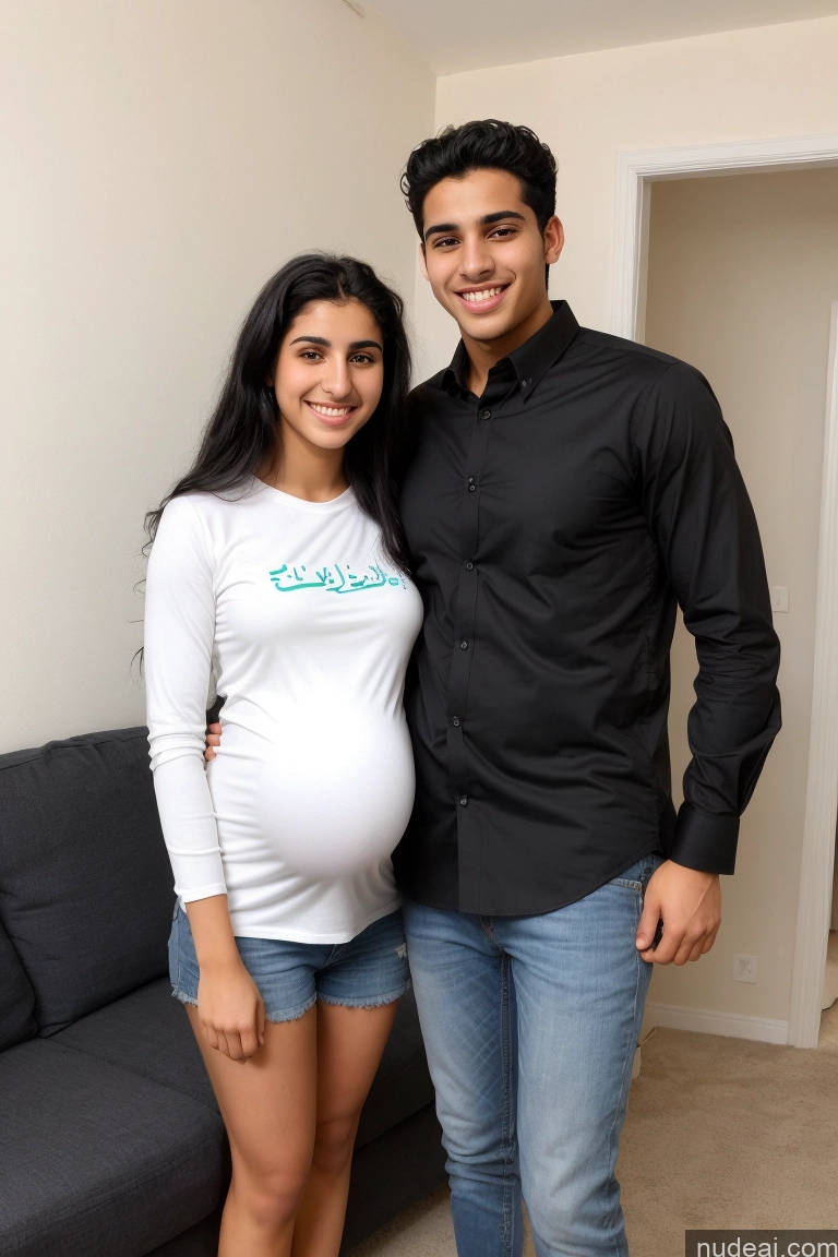 ai nude image of pregnant couple posing for a picture in a living room pics of Beautiful Skinny Happy Black Hair Straight Arabic Couch Front View Fairer Skin 18 Woman + Man Muscular Short Tall Casual Alternative Detailed Pregnant Shirt