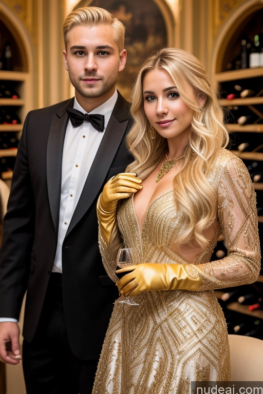 ai nude image of blond woman in gold dress and man in tuxedo posing for a picture pics of Detailed Wine Jewelry Gloves Dress Russian Blonde Woman + Man