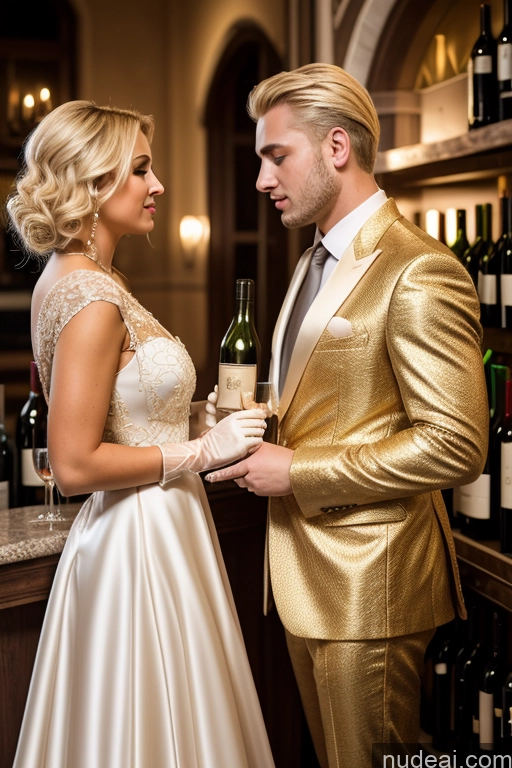 ai nude image of bride and groom standing in front of a bar with bottles of wine pics of Detailed Wine Jewelry Gloves Dress Russian Blonde Woman + Man