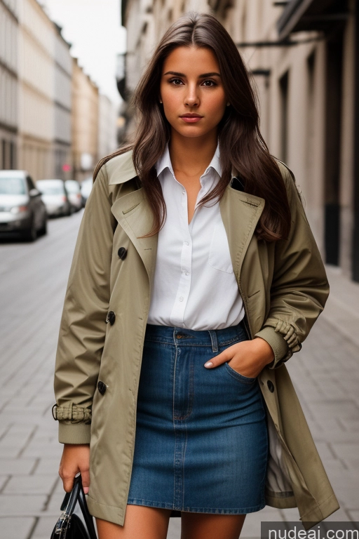 ai nude image of arafed woman in a trench coat and skirt walking down a street pics of Woman One Small Tits 18 Serious Brunette Long Hair French Film Photo Street Front View Parka Bomber Boots Chemise Dress Jacket Jeans Kilt Long Skirt Shirt Trench Coat