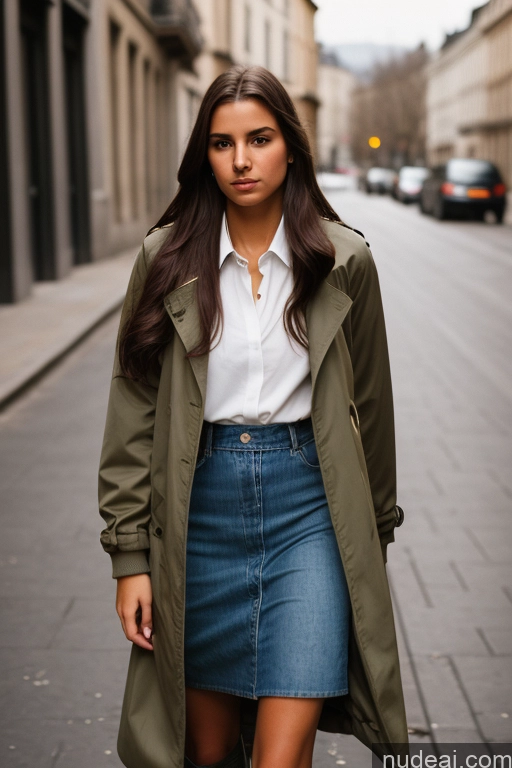 ai nude image of arafed woman in a trench coat and skirt walking down a street pics of Woman One Small Tits 18 Serious Brunette Long Hair French Film Photo Street Front View Parka Bomber Boots Chemise Dress Jacket Jeans Kilt Long Skirt Shirt Trench Coat