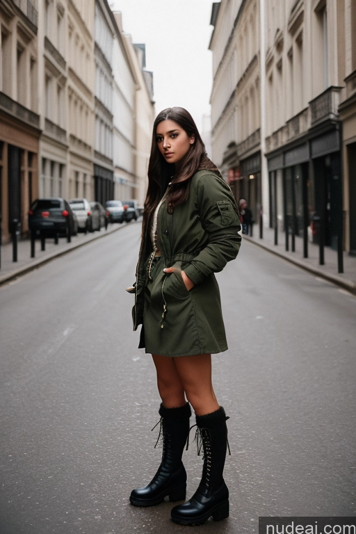 ai nude image of araffe woman in a green coat and black boots standing on a street pics of Woman One Small Tits 18 Serious Brunette Long Hair French Film Photo Street Front View Parka Bomber Boots Dress Jacket Kilt Long Skirt