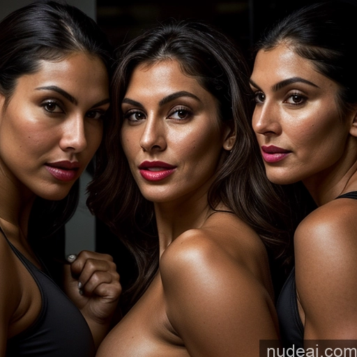 ai nude image of three women in black bra tops posing for a picture pics of Milf 50s Several Perfect Boobs Beautiful Lipstick Long Legs Tall Thick Perfect Body Pubic Hair Sexy Face Black Hair Long Hair Indian Front View Nude Dark Lighting Detailed Cleavage Topless Working Out Gym