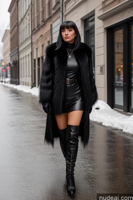 ai nude image of woman in black leather dress and fur coat walking down a street pics of Gloves Pearl Jewelry Boots Black Hair Russian Fur Bangs