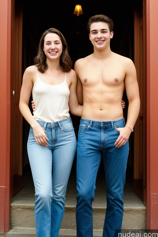 related ai porn images free for Woman + Man One Fairer Skin 18 Happy Brunette Straight White Film Photo Front View Jeans Topless