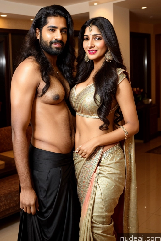 ai nude image of there are two people standing together in a room pics of Woman + Man Two Perfect Boobs Beautiful Lipstick Big Hips Long Legs Perfect Body Tall Pubic Hair 50s Orgasm Black Hair Long Hair Indian Sari Detailed