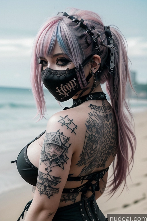 ai nude image of arafed woman with pink hair and a mask on her face pics of Beach Close-up View Perfect Boobs Busty Gothic Punk Girl Pink Hair Tattoos Face Mask