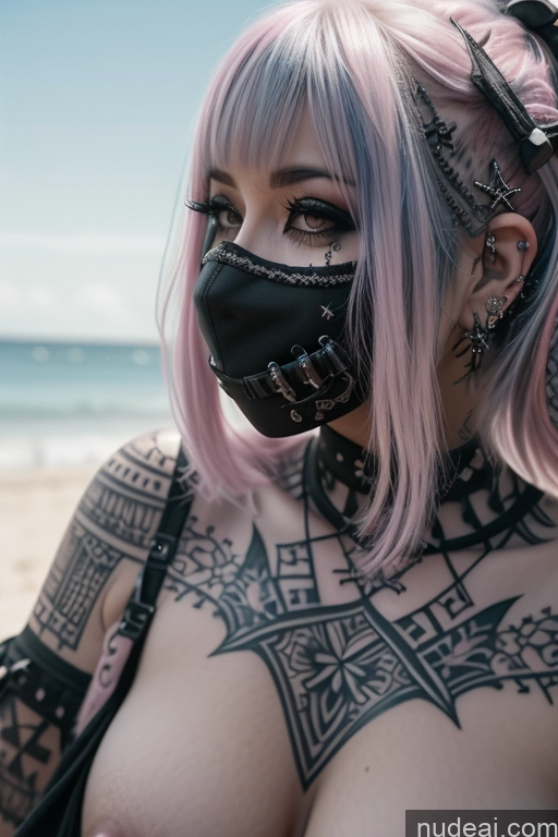 ai nude image of arafed woman with pink hair and a mask on her face pics of Beach Close-up View Perfect Boobs Busty Gothic Punk Girl Pink Hair Tattoos Face Mask Nude