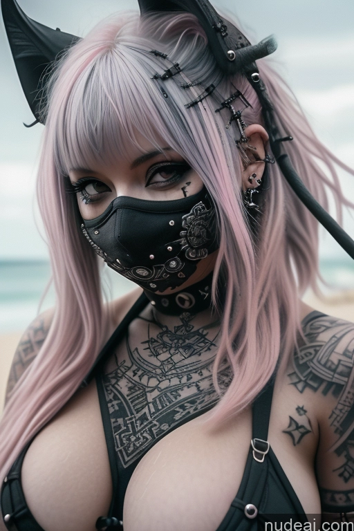 ai nude image of arafed woman with pink hair and a mask on her face pics of Beach Close-up View Perfect Boobs Busty Gothic Punk Girl Pink Hair Tattoos Face Mask Nude