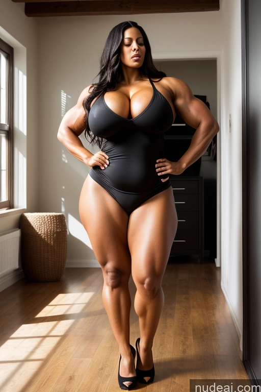 ai nude image of araffe woman in a black swimsuit posing for a picture pics of Bodybuilder Busty Huge Boobs Muscular Big Ass Abs Thick Chubby Fat Big Hips Long Legs Tall Pubic Hair Fairer Skin Oiled Body Serious Black Hair Long Hair Bedroom Stockings One Plank Front View Orgasm High Heels