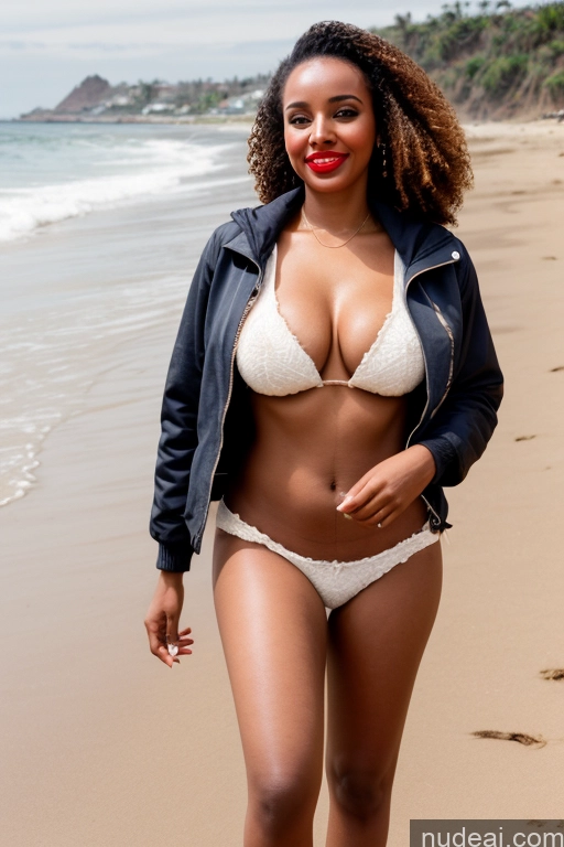 ai nude image of woman in white bikini and black jacket walking on beach next to ocean pics of Model Perfect Boobs Beautiful Lipstick Pubic Hair 20s Ethiopian Beach Dress High Heels Jacket Teacher