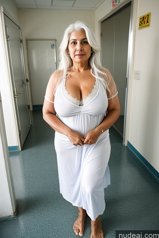 ai nude image of there is a woman in a white dress standing in a hallway pics of Milf Busty Big Ass 70s Long Hair Indian Topless Nightgown Satin One Hospital White Hair