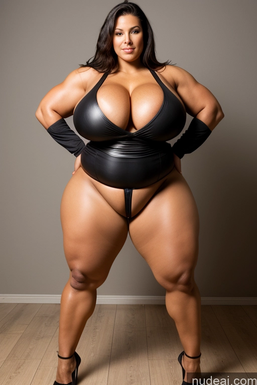 ai nude image of araffe woman in a black leather bodysuit posing for a picture pics of Plank Busty Huge Boobs Beautiful Big Ass Thick Chubby Fat Big Hips Tall Long Legs Pubic Hair Black Hair Straight Seductive Bdsm Sexy Face Muscular Front View Stockings Czech Partially Nude 50s Bodybuilder