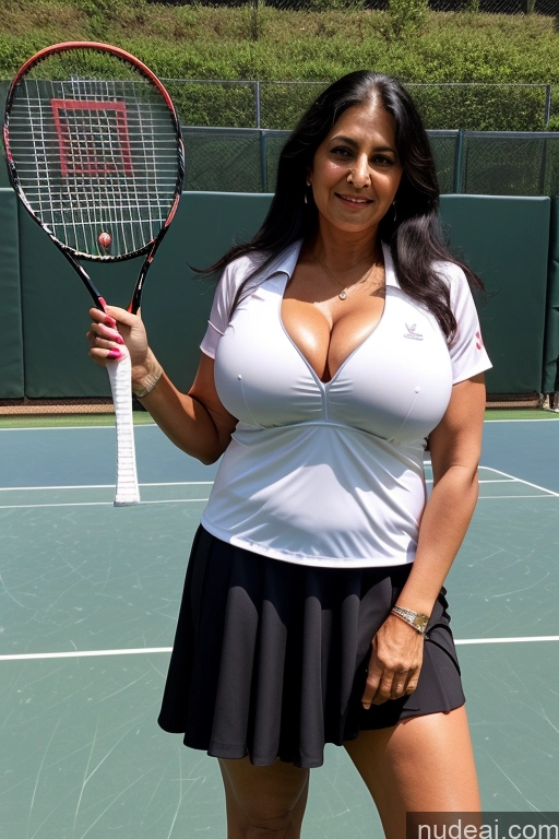 ai nude image of araffe woman in a skirt holding a tennis racket on a tennis court pics of Busty Big Ass 70s Long Hair Indian Tennis Cleavage Satin Milf Black Hair Bright Lighting